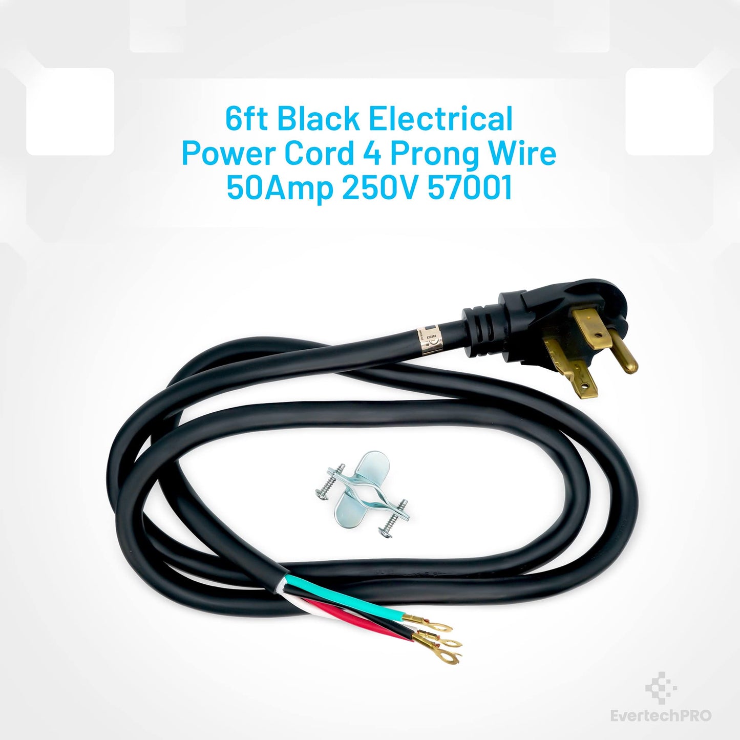 EvertechPRO 57001 4-Prong 6ft Dryer Power Cord Universal Dryer Power Cord for Freestanding Electric Dryers Rated 30A/250V with Strain Relief Connects to 4 Prong Outlets 72” Black