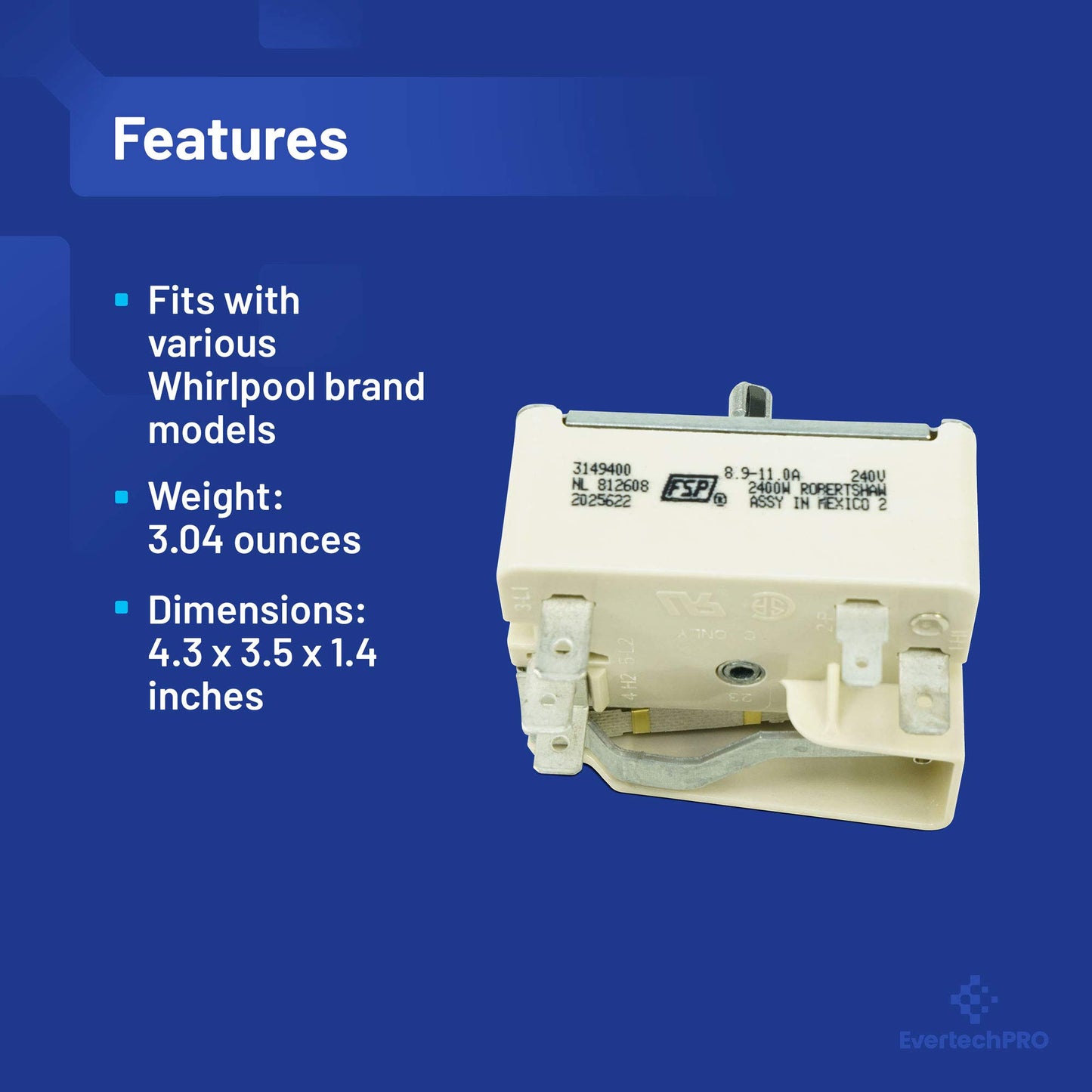 EvertechPRO WP3149400 Switch for Whirlpool Stove Parts - Durable 3148954 fits Whirlpool Infinite Switch, High Quality Range Infinite Switch, Compatible with 310180 2786 311846 311858
