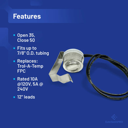 EvertechPRO SFPC 5303279149 5303015195 5303279266 Defrost Thermostat Replacement for Frigidaire Refrigerator Opens 35F Close 50F Fit up to 7/8 O.D. tubing