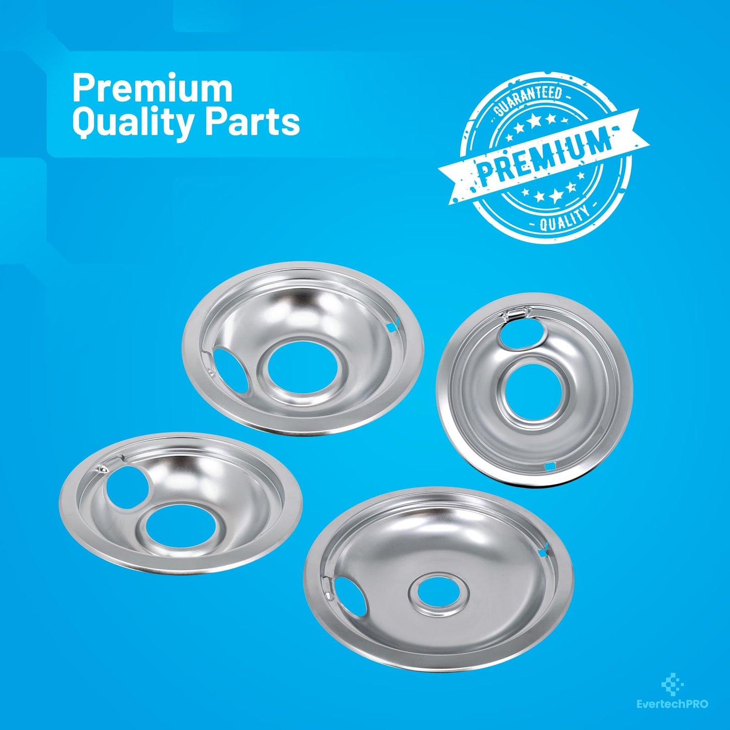 EvertechPRO 4 Pack Range Stove Top Drip Pans 3pc 6 Inch And 1pc 8 Inch Replacement for Whirlpool W10196405 W10196406 308649K 0042142 0042169 0064676