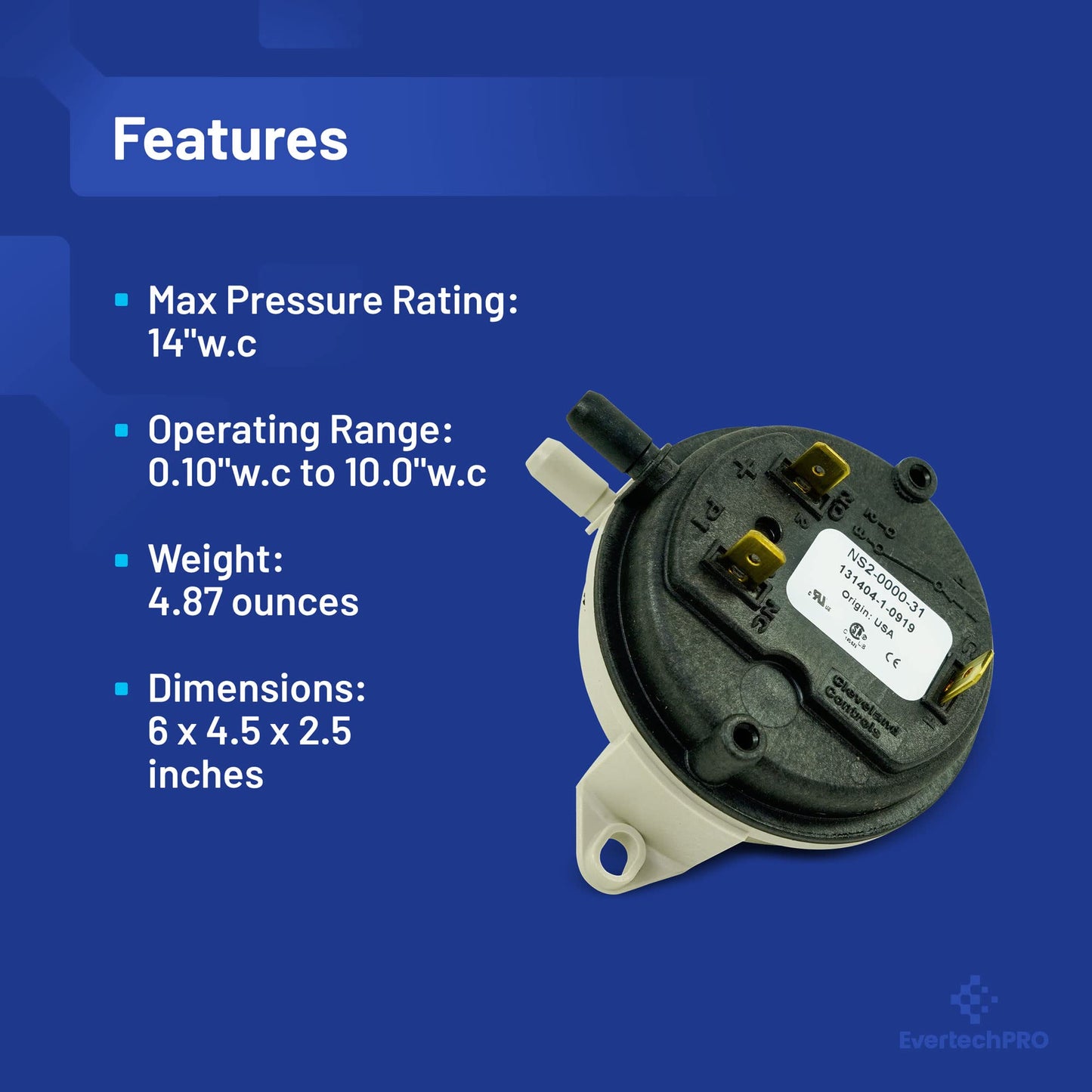EvertechPRO NS2000031 Universal Pressure Switch -40°F to 190°F (-40°C to 88°C) 100,000 Cycles