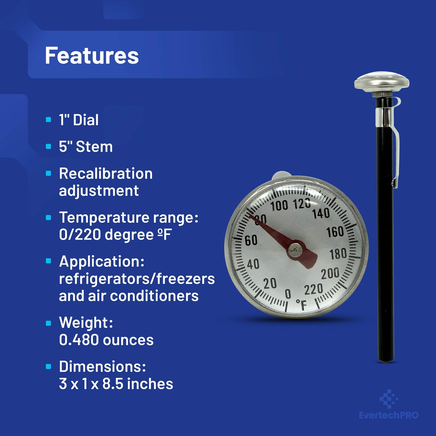 EvertechPRO ST02 Pocket Dial Thermometer Replacement for Universal HVAC
