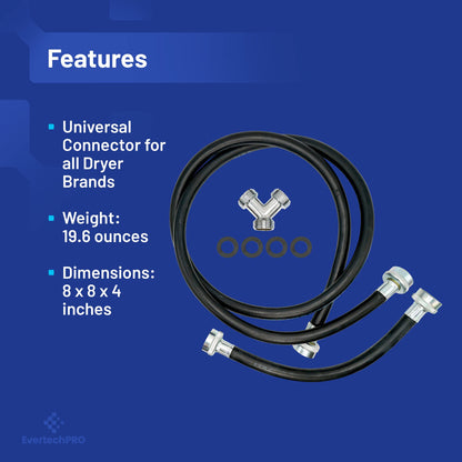 EvertechPRO 5ft Steam Dryer Steam Hose Kit - 60” Steam Hose for Dryer with Brass Y Connector and Inlet Adapter Hose with 2ft Rubber Hose - Universal Connector for all Top Brands