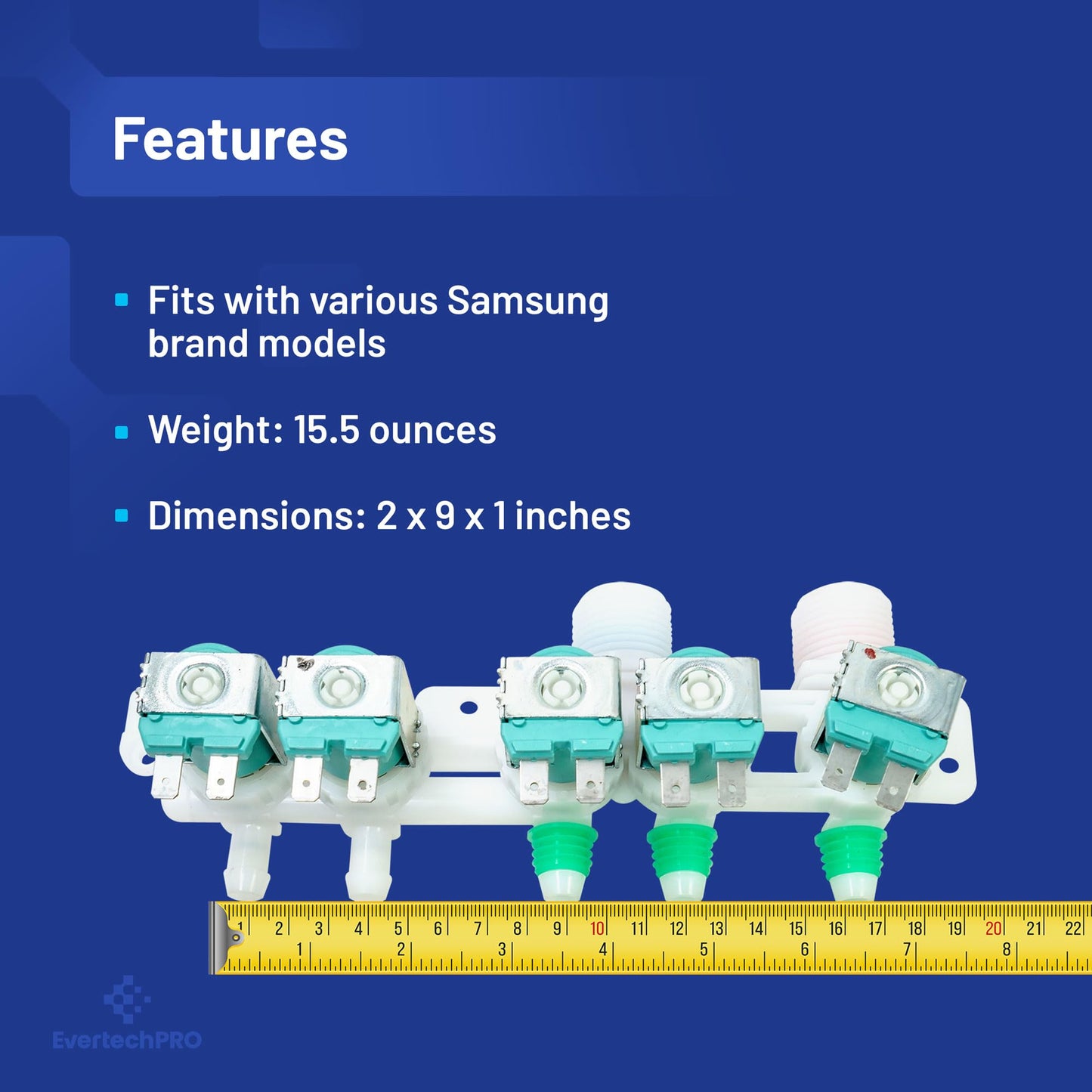 EvertechPRO DC97-15459G Fits Samsung Washer Parts - High Quality Compatible With Samsung Washer Water Inlet Valve, WA50M7450AW, Easy Installation, 2 Threaded Ports for Hot & Cold Water