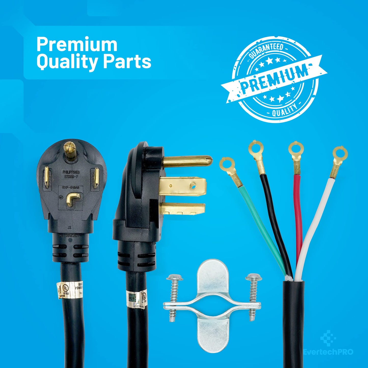 EvertechPRO 57001 4-Prong 6ft Dryer Power Cord Universal Dryer Power Cord for Freestanding Electric Dryers Rated 30A/250V with Strain Relief Connects to 4 Prong Outlets 72” Black