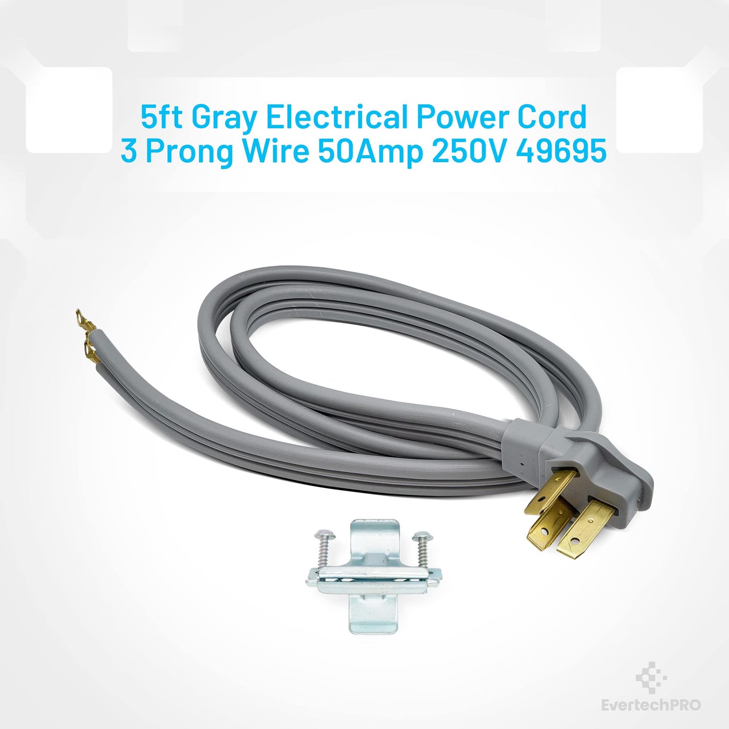 EvertechPRO 49695 5ft Range Plug 3 Prong Power Cord with Open End Range Connectors and 3 Copper Wires - 50 Amp Rated Power Cord for Electric Range - 60” Gray