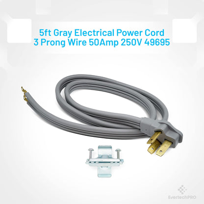 EvertechPRO 49695 5ft Range Plug 3 Prong Power Cord with Open End Range Connectors and 3 Copper Wires - 50 Amp Rated Power Cord for Electric Range - 60” Gray