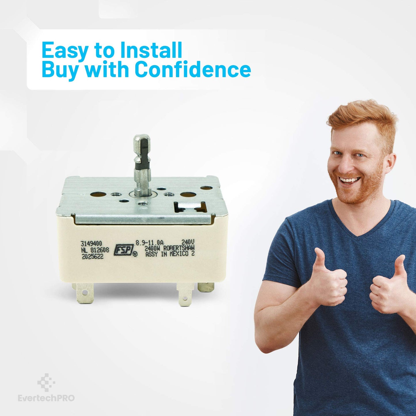EvertechPRO WP3149400 Switch for Whirlpool Stove Parts - Durable 3148954 fits Whirlpool Infinite Switch, High Quality Range Infinite Switch, Compatible with 310180 2786 311846 311858