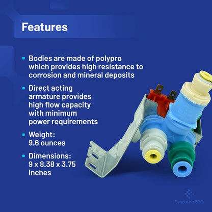 EvertechPRO W10408179 4389177 IMV-708 Water Inlet Valve Original Version Replacement for Whirlpool Refrigerator AP5263471 PS3497634 WV8179