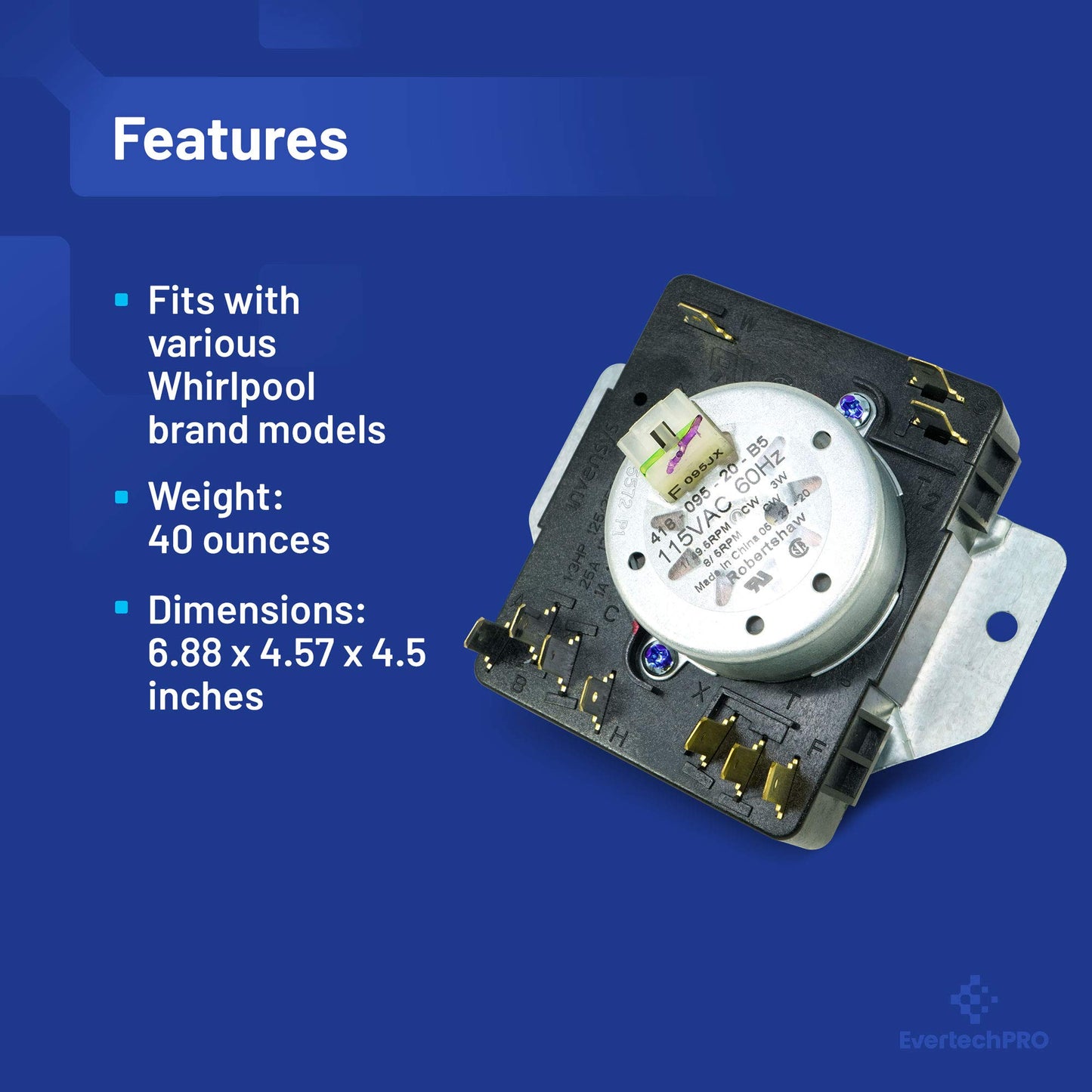 EvertechPRO W10185992 for Whirlpool Dryer Timer Replacement, Durable and Easy to Install, Universal Dryer Timer WPW10185992 Compatible with Whirlpool Dryer Timer and Most Top Brand Dryers