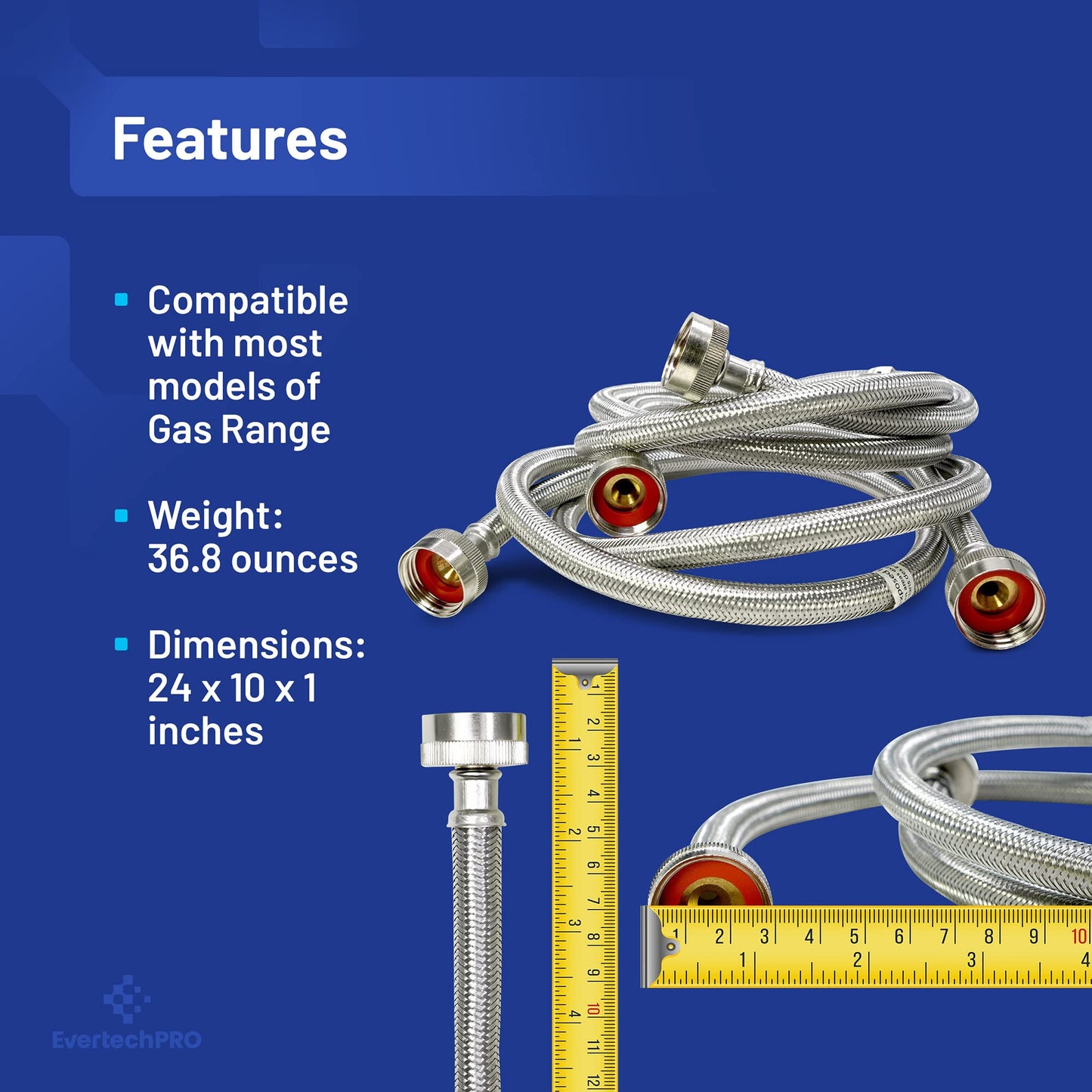 EvertechPRO 5' Stainless-Steel Washing Machine Hose - 2 Pack - 3/4” MIP Connectors - Universally Compatible Burst Proof Water Inlet Supply Lines - 60”