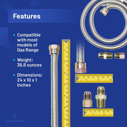 EvertechPRO 58690 4ft Gas Connector Hose Kit With 1/2” MIP x 3/8” FIP for Gas Appliances including Gas Dryer and Water Heater 48” Stainless Steel